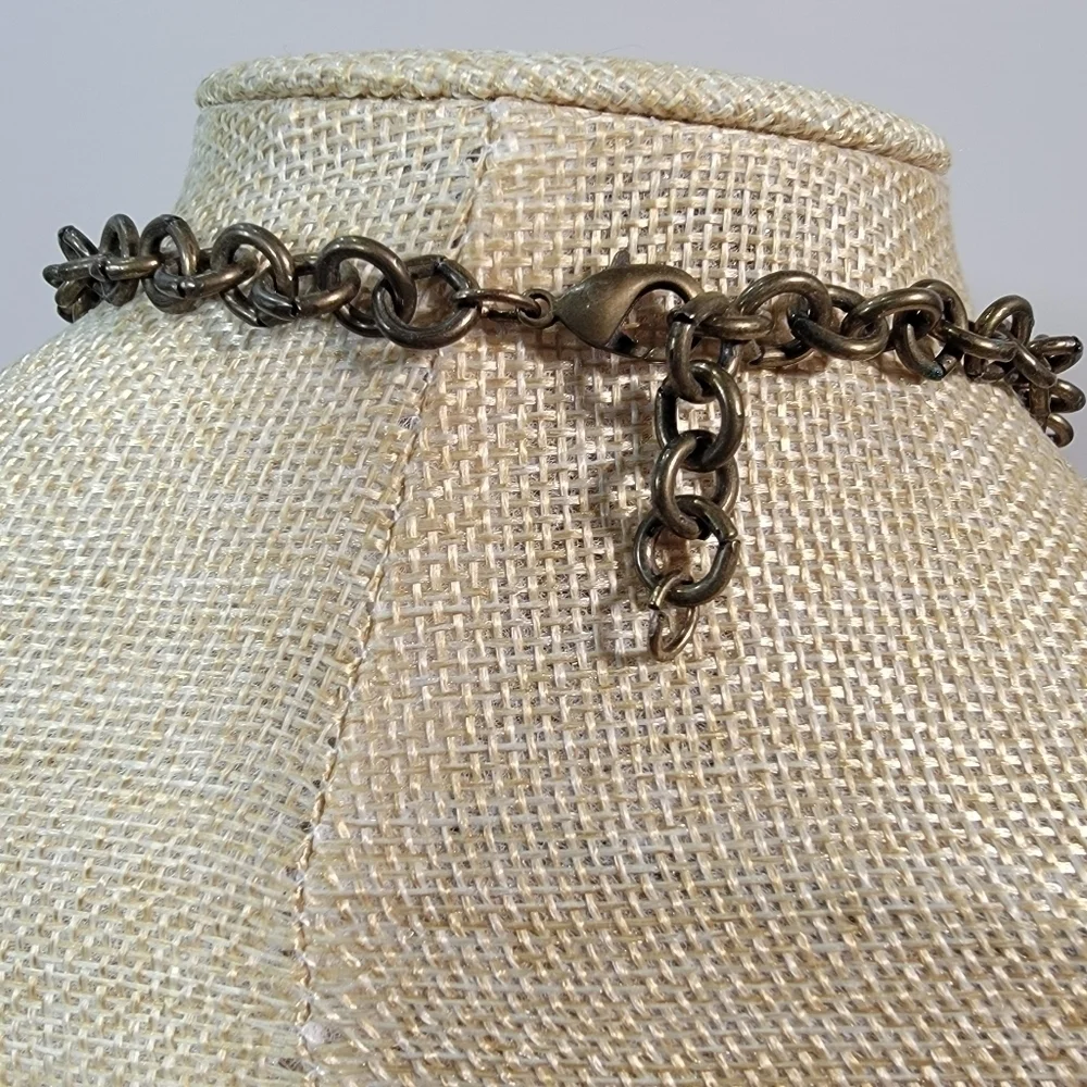 Antique Bronze Metal Statement Necklace with Amber beads and Chain Tassels Boho
